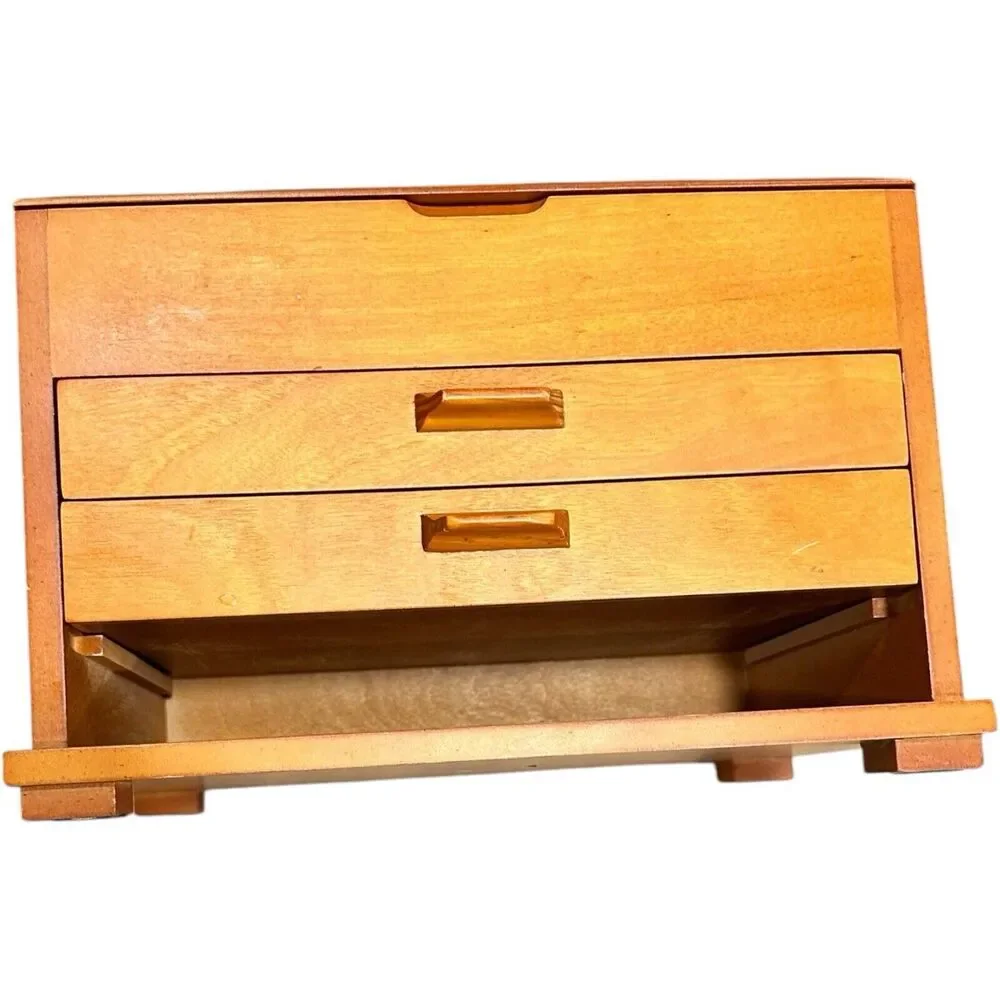 JEWELRY BOX BIRCH WOOD FELT LINED TWO DRAWER HINGED LID COMPARTMENT MIRROR